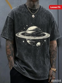 Men's Dark Gray Saturn And Star Print T-Shirt - Soft Stretch Knit Fabric, Space-Themed Crew Neck Short Sleeve, Street Style Versatile - 黑色 - 查看 1