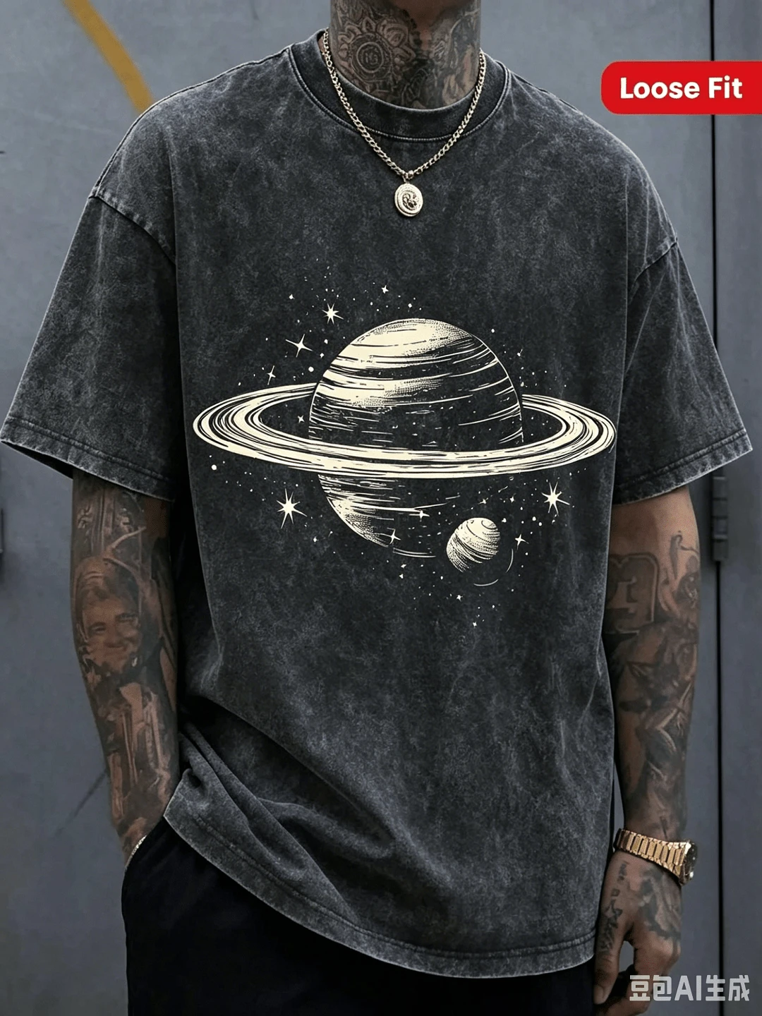 Men's Dark Gray Saturn And Star Print T-Shirt - Soft Stretch Knit Fabric, Space-Themed Crew Neck Short Sleeve, Street Style Versatile - 黑色 - 查看 1