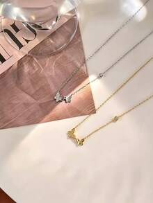 1 pieza Collar de mariposa de circonita cúbica de moda, chapado en oro de 18k, estilo minimalista elegante de lujo ligero, adecuado para el uso diario de las mujeres - Mariposa - Ver 2
