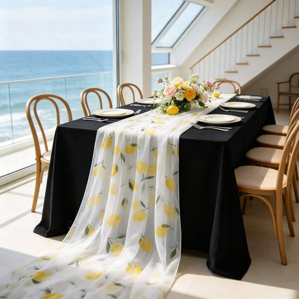 1pc White Lemon Print Mesh Table Runner, Banquet Table Decoration, Made Of High-Quality Polyester Material With Exquisite Lemon Print, Suitable For Wedding Season, Graduation Season And Various Occasions, Applicable To Birthday Party, Garden Afternoon Tea, Lawn Wedding, Cafe And Other Scenes, Suitable For Halloween, Valentine's Day, Easter, Christmas, Thanksgiving And Other Party Holidays Table Decoration, Also Can Be Used For Beach Backdrop Or Chair Back Decoration, Table Runner