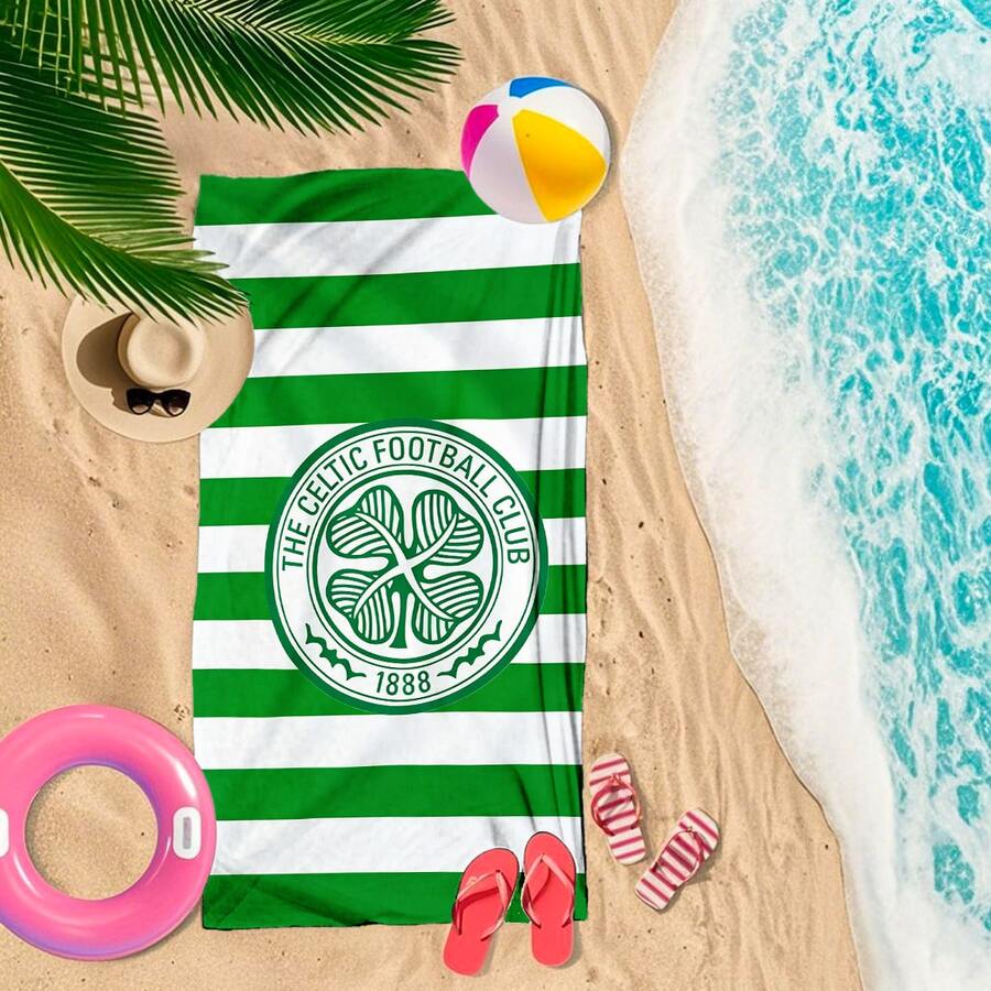 1pc Ultra Soft & Microfiber Beach Towel With Celtic Football Club Logo - Quick Dry, Lightweight, Absorbent Polyester Blend, No Sand For Travel & Swimming, Modern Green & White Striped Design, Ideal For Camping & Beach Gear, Travel Towel | Vibrant Towel | Quick Dry Fabric - A - View 1