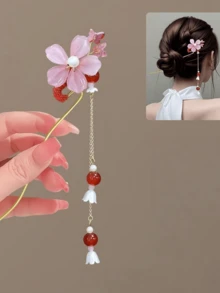 Women's New Chinese Style Red Flower Pendant Hair Clip, Cute Exquisite Elegant, Non-Damaging, Wedding Date Bun Accessory - Multicolor - View 18