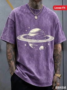 Men's Dark Gray Saturn And Star Print T-Shirt - Soft Stretch Knit Fabric, Space-Themed Crew Neck Short Sleeve, Street Style Versatile - 紫色 - 查看 1