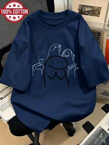 Women's T-Shirt With "Flork Of Cows" Meme, 100% Cute Minimalist Line Art Print, Breathable Oversized Casual Tee,  Aesthetic Korean Streetwear - 藏蓝色 - 查看 1