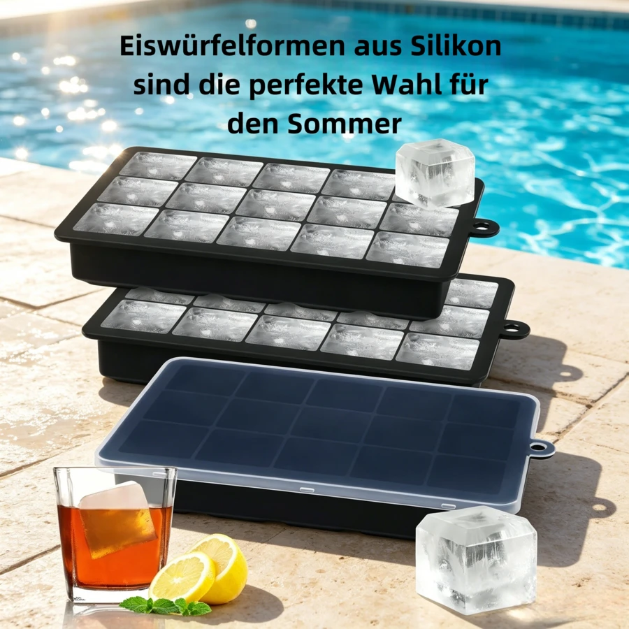 Vassoio per cubetti di ghiaccio in silicone, set da 3 pezzi (con coperchi rimovibili), ideale per fare cubetti di ghiaccio e risparmiare spazio nel congelatore; perfetto per bevande, cocktail e whisky; Colori: Nero - nero - Visualizzare 1
