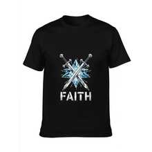 Men's Short-Sleeved Crew Neck T-Shirt With Art Print Featuring A Sword, Shield, Crystal, And The Word "Faith." Vintage Style, War-Inspired, Ideal For Leisure, Cultural Events, Original Gifts, Urban Style, And Unique Design. - 黑色 - 查看 11