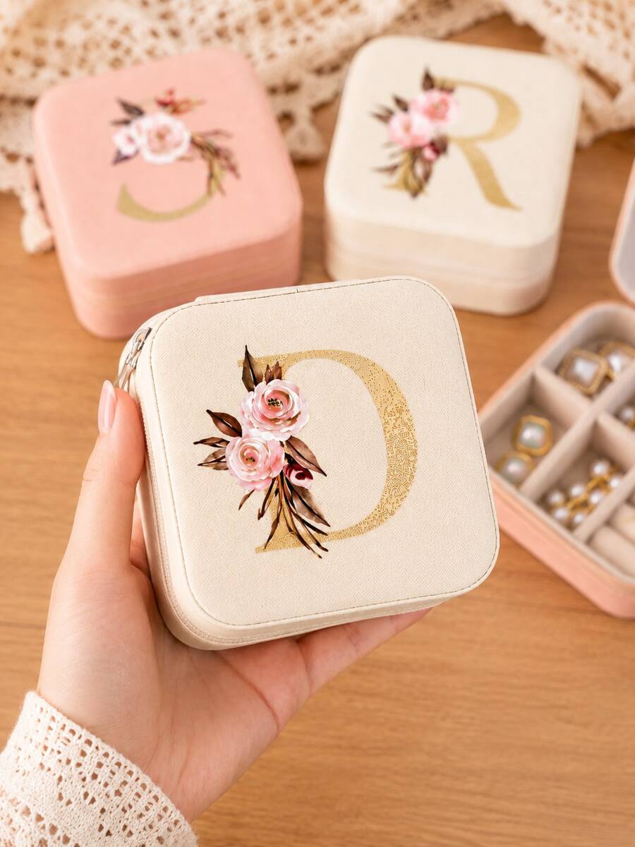 Initial Floral Letter PU Jewelry Box, Portable Travel Mini Ring Earring Pendant Storage Organizer Case, Personalized Monogram Gift Box For Women Birthday Holiday Presents - White - View 1