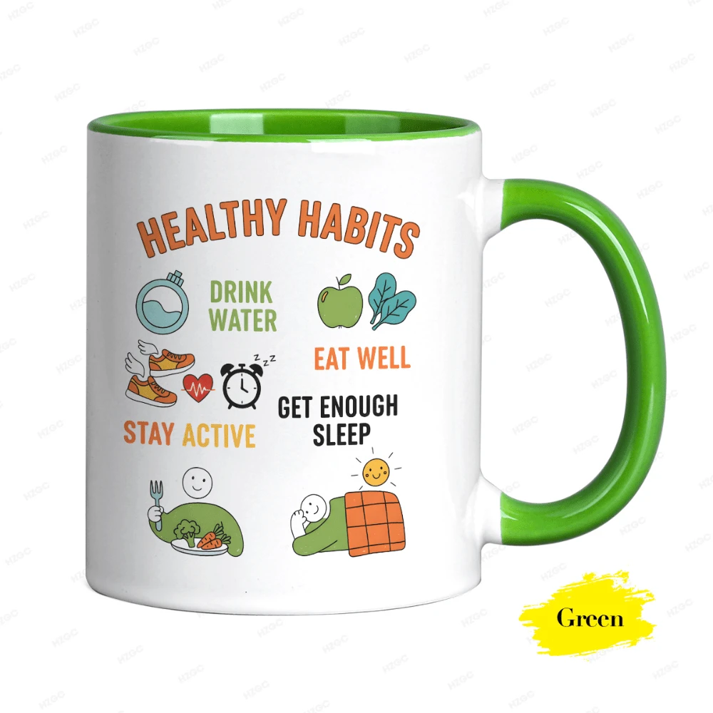 Ceramic Coffee Mug With A Healthy Habits Print To Promote Well-Being In Your Daily Routine. An Affordable Birthday Gift Mug With A Minimalist And Aesthetic Design. - Hijau - View 1