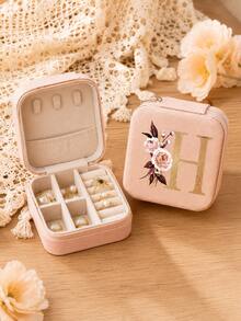 Initial Floral Letter PU Jewelry Box, Portable Travel Mini Ring Earring Pendant Storage Organizer Case, Personalized Monogram Gift Box For Women Birthday Holiday Presents - White - View 7