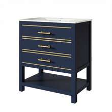 White Vanity Unit With Ceramic Basin – Freestanding Bathroom Unit With 2 Drawers And An Open Compartment, High-Quality Lacquered MDF Panel, Gold Handles, Without Tap Or Drain - Royal Blue - View 10
