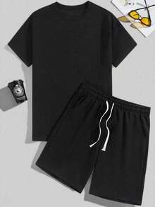 Father's Day Gift, Men's New Summer Jacquard Suit, Men's Casual Sports Set, Versatile Short Sleeve Shorts Two Pieces Set, Student Short Sleeve Set - Black - View 2