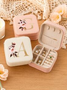 Initial Floral Letter PU Jewelry Box, Portable Travel Mini Ring Earring Pendant Storage Organizer Case, Personalized Monogram Gift Box For Women Birthday Holiday Presents - White - View 2