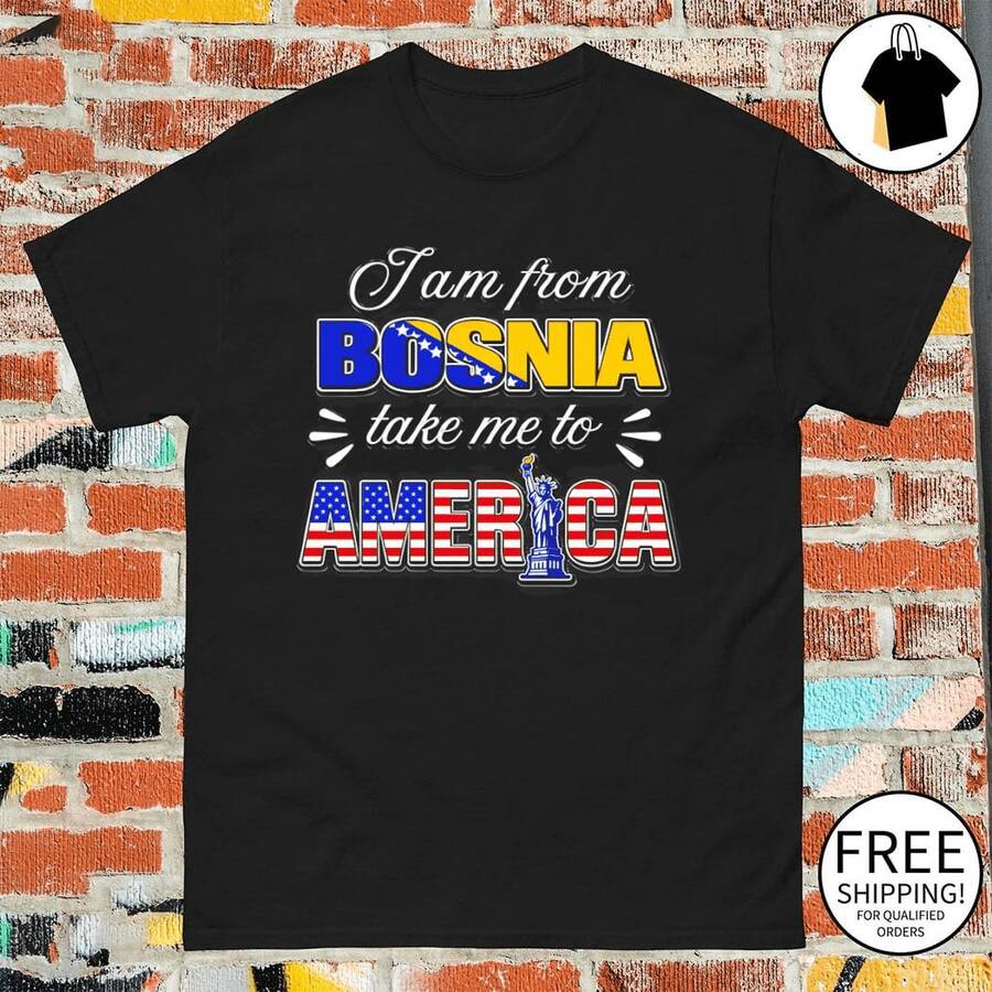 T-Shirt With A Design Inspired By The Flags Of Bosnia And The United States, Round Neck, Short Sleeves, Patriotic Print, Casual Top For Everyday Wear - 黑色 - 查看 1