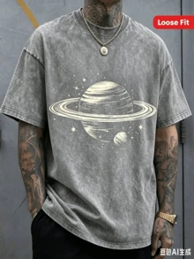 Men's Dark Gray Saturn And Star Print T-Shirt - Soft Stretch Knit Fabric, Space-Themed Crew Neck Short Sleeve,Street Style Versatile - Grey - View 10