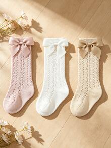 3 Pairs Kids Bow Mesh Mid-Calf Socks, Summer Breathable Hollow Out Princess Style Long Socks For Girls - Multicolor - View 2