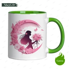Taza de café de cerámica con diseño romántico de luna rosa floral y silueta de niña, estética minimalista, ideal para el hogar y la oficina, como regalo de cumpleaños asequible. - Verde - Ver 5