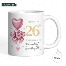 Globos rosas en forma de corazón con purpurina, taza de cerámica para el 26 cumpleaños de mi nieta, taza minimalista y estética, regalo de cumpleaños asequible, apta para lavavajillas. - Blanco - Ver 5