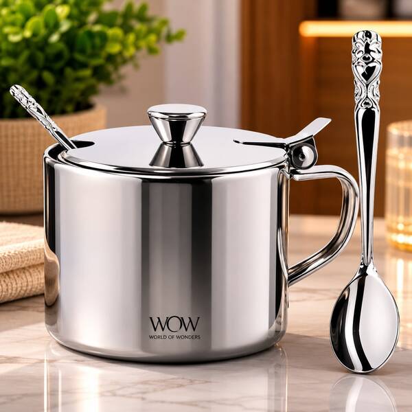 Açucareiro Em Aço Inox Com Colher Para Cozinha