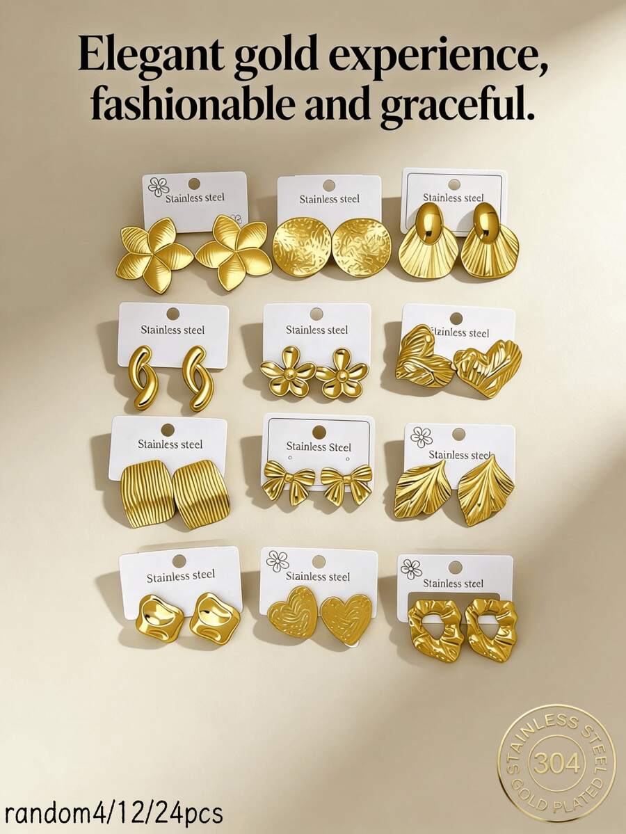 4/12/24 pezzi - (Stile casuale) Orecchini in acciaio inossidabile, orecchini con design a cuore/foglia/ala in oro, vari stili, design elegante, set di orecchini in acciaio inossidabile, regalo perfetto di orecchini per le donne, orecchini da donna, orecchini in oro, orecchini in oro per gli ospiti del matrimonio - Taglia unica - Visualizzare 1