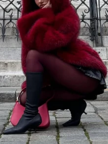 Women's New Faux Fox Fur Hooded Coat, Premium Fluffy Warm Jacket - Red - View 3