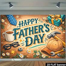 2D Flat Father's Day Cartoon Tool Hat Backdrop, Featuring A Hand-Drawn Cartoon Style With Blue-Green Gradient Font, Blue Polka-Dot Tie, And Workwear Elements, Paired With A Coffee Cup, Glasses, Hammer, Hat, And Gift Box. Made Of Durable Material - 彩色 - 查看 4