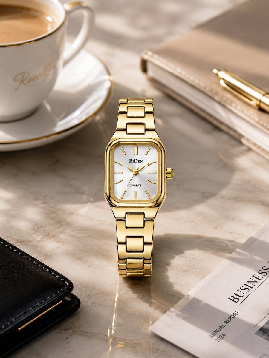 BIDEN Women's Watch, Exquisite And Stylish Square Dial Quartz Watch With Charm, Classic Gold + Box - Gold - View 1
