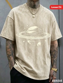 Men's Dark Gray Saturn And Star Print T-Shirt - Soft Stretch Knit Fabric, Space-Themed Crew Neck Short Sleeve,Street Style Versatile - 杏色 - 查看 8