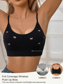 1件女款黑色羅紋無縫無鋼圈背心式內衣，甜粉色蝴蝶結刺繡圓領可調節細肩帶U型背全包覆聚攏胸罩，可拆式墊片高彈性親膚貼身性感極簡內衣，夏季隱形百搭內搭上衣，適合日常疊穿、居家睡眠、瑜伽休閒、返校等多種夏季場合，可搭配夾克、牛仔褲、洋裝，女款舒適無鋼圈背心內衣 - 黑色 - 查看 5
