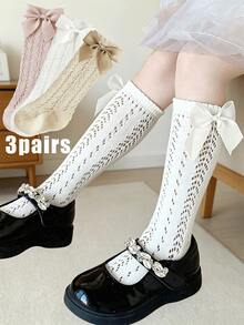 3 Pairs Kids Bow Mesh Mid-Calf Socks, Summer Breathable Hollow Out Princess Style Long Socks For Girls - Multicolor - View 10