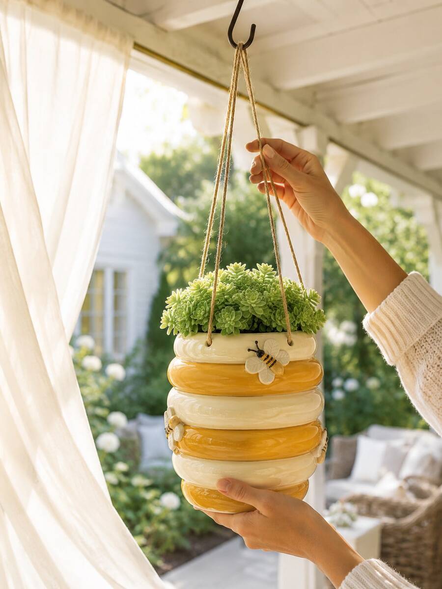 蜂巢形懸掛花盆附可愛蜜蜂裝飾,樹脂製戶外花園懸掛籃,農舍風庭院門廊陽台裝飾 - 彩色 - 查看 1