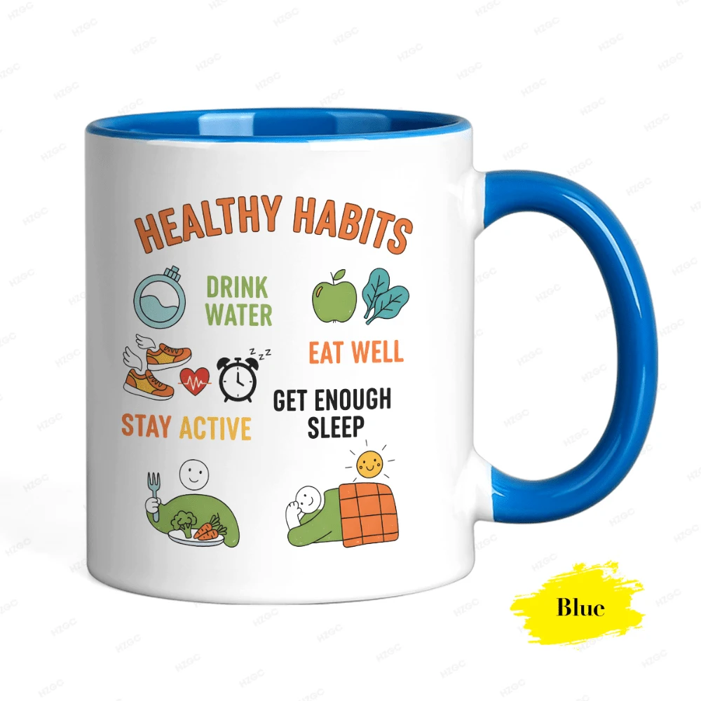 Ceramic Coffee Mug With A Healthy Habits Print To Promote Well-Being In Your Daily Routine. An Affordable Birthday Gift Mug With A Minimalist And Aesthetic Design. - 藍色 - 查看 1