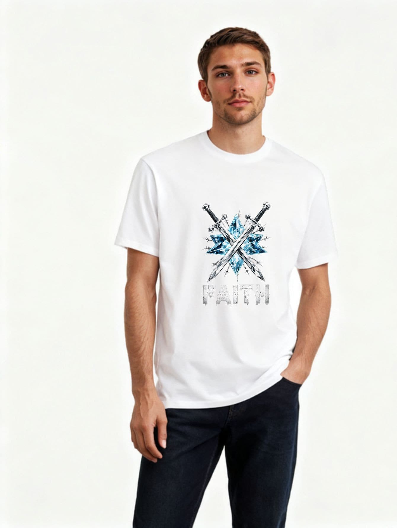 Camisetahombredemangacortacuelloredondoestampadoarteespadaescudocristalpalabraféestilovintageinspiracióndeguerraidealparasalidadeocioeventosculturalesregalosoriginalesestiloubanodiseñounicop - Blanco - Ver 1