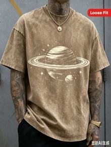 Men's Dark Gray Saturn And Star Print T-Shirt - Soft Stretch Knit Fabric, Space-Themed Crew Neck Short Sleeve, Street Style Versatile - Coffee Brown - View 8