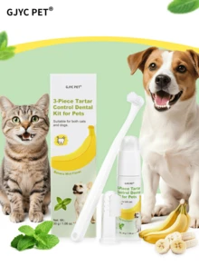 GJYC PET 3pcs Dog Teeth Care Set - Banana Mint Flavor Dog Toothpaste, Toothbrush And Silicone Finger Brush, Effectively Controls Tartar, Removes Plaque, Freshens Breath, Cares For Gum Health - Multicolor - View 3