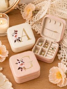 Initial Floral Letter PU Jewelry Box, Portable Travel Mini Ring Earring Pendant Storage Organizer Case, Personalized Monogram Gift Box For Women Birthday Holiday Presents - White - View 9