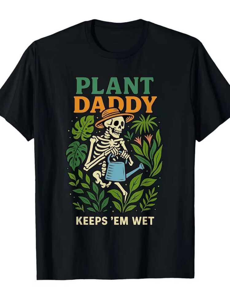 Esqueleto alegre con sombrero cuidando plantas verdes y flores con regadera rodeado de hojas tropicales camiseta de hombre casual moderna ideal para amantes de la naturaleza - Negro - Añade 1