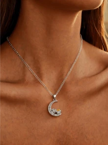 Miniso Disney Mickey Mouse Moon Rhinestone Pendant Necklace 1Pc Silver Tone With Gold Bow Lightweight For Women Daily Gift - XL0820 - View 4