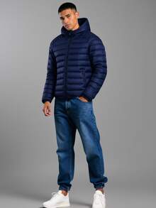 Men's Padded Bomber Jacket, Model B, With Hood And Zippered Pockets - Navy Blue - View 3