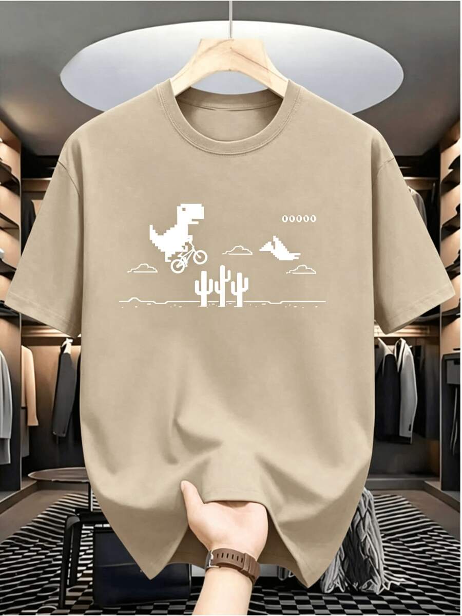 Women's Cotton T-Shirt, Pixelated Dinosaur Print On A Bicycle, Retro Gamer Style, Ideal For Vintage Video Game Lovers - 卡其色 - 查看 1