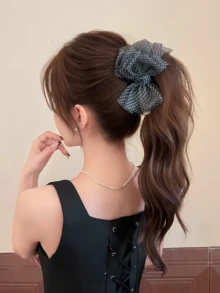 1件格紋歐根紗蝴蝶結香蕉夾，韓系溫柔仙女風透紗布料直夾，蓬鬆防滑馬尾夾，春夏約會通勤半紮丸子頭髮飾髮夾 - 彩色 - 查看 5