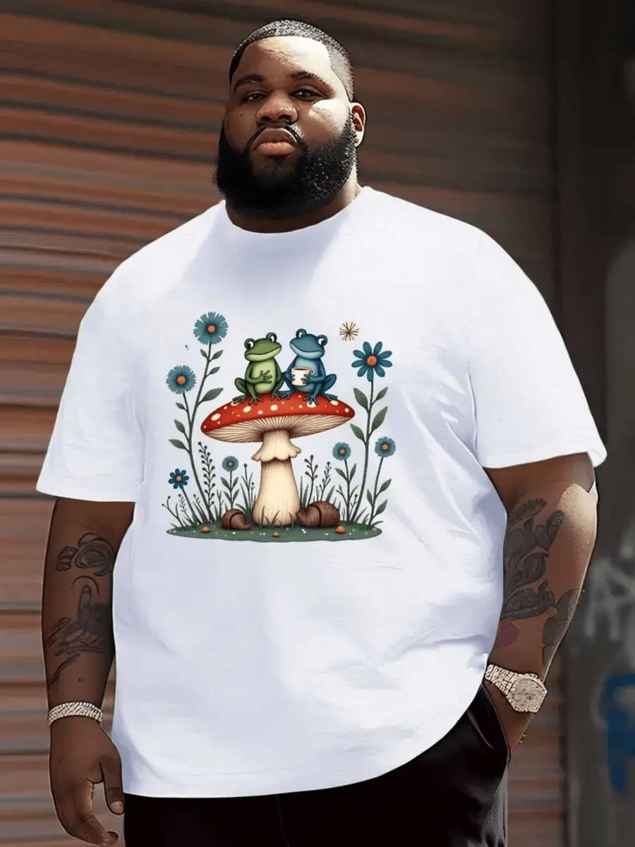 Dos ranas sentadas sobre una gran seta rodeada de flores silvestres que simbolizan y armonía en la naturaleza Camiseta de hombre% algodón UI2E - Negro - Ver 1