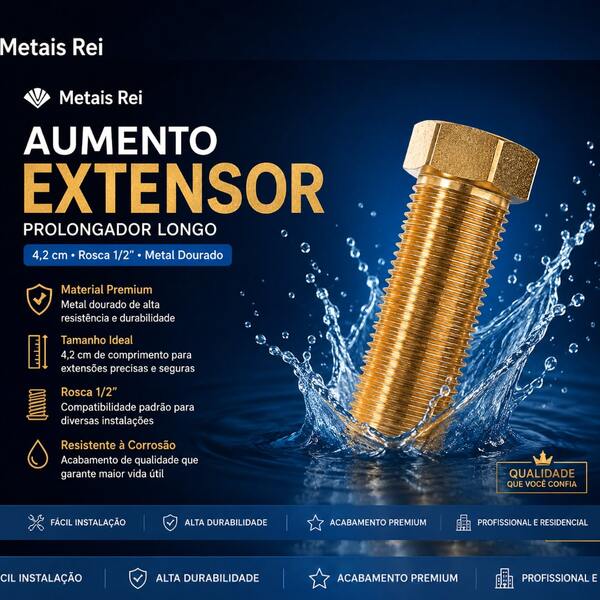 Aumento Extensor Prolongador Longo 4,2cm Rosca 1/2 Metal Dourado