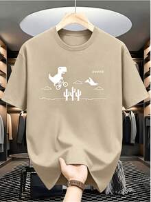 Women's Cotton T-Shirt, Pixelated Dinosaur Print On A Bicycle, Retro Gamer Style, Ideal For Vintage Video Game Lovers - 卡其色 - 查看 9
