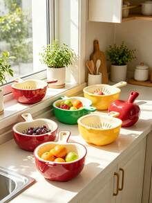 1pc Fruit Plate With Apple Colander Basket, Double-Layer Kitchen Fruit Washing Tool, Draining Basin, Dopamine Style New Handle Apple Colander Basket, Double-Layer Fruit Washing Tool, Exquisite Small Fruit Plate For Kitchen, Home And Living Room - Apple-shaped - View 3