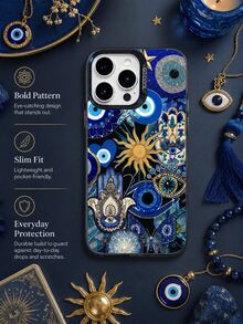 1 Peça Capa de Telefone com Olho Grego & Mão de Hamsa Azul e Dourada, Compatível com iPhone 17/16/15/14/13 Pro Max, Compatível com Série , Capa de Telefone Macia à Prova de Choque com Cobertura Total da Moda - Multicolorido - Visão 1