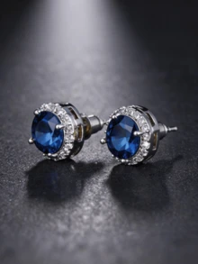 Men Emerald Green/Royal Blue CZ Round Stud Earrings Silver Hip Hop Ear Jewelry - Silver - View 5