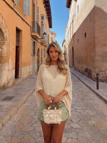 New Spring/Summer Women's Beige Loose Lightweight Sun Protection Cape Sleeve Knit Top, Suitable For Outings, Dates, Beach - Light Apricot - View 3