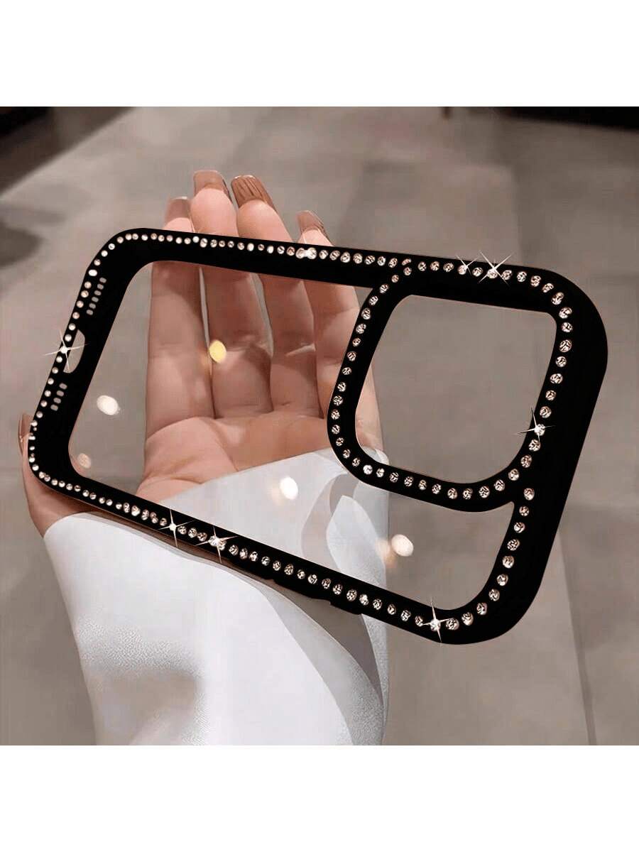 1 Fashionable Phone Case, Does Not Include Lanyard Or Stand. Clear Hard Acrylic Phone Case With Glitter And Luxury Rhinestones, Suitable For 17 16e/15 Pro/14 Plus/13 Pro, Shockproof Protection, With A Free Anti-Collision Spring. - Black - View 1