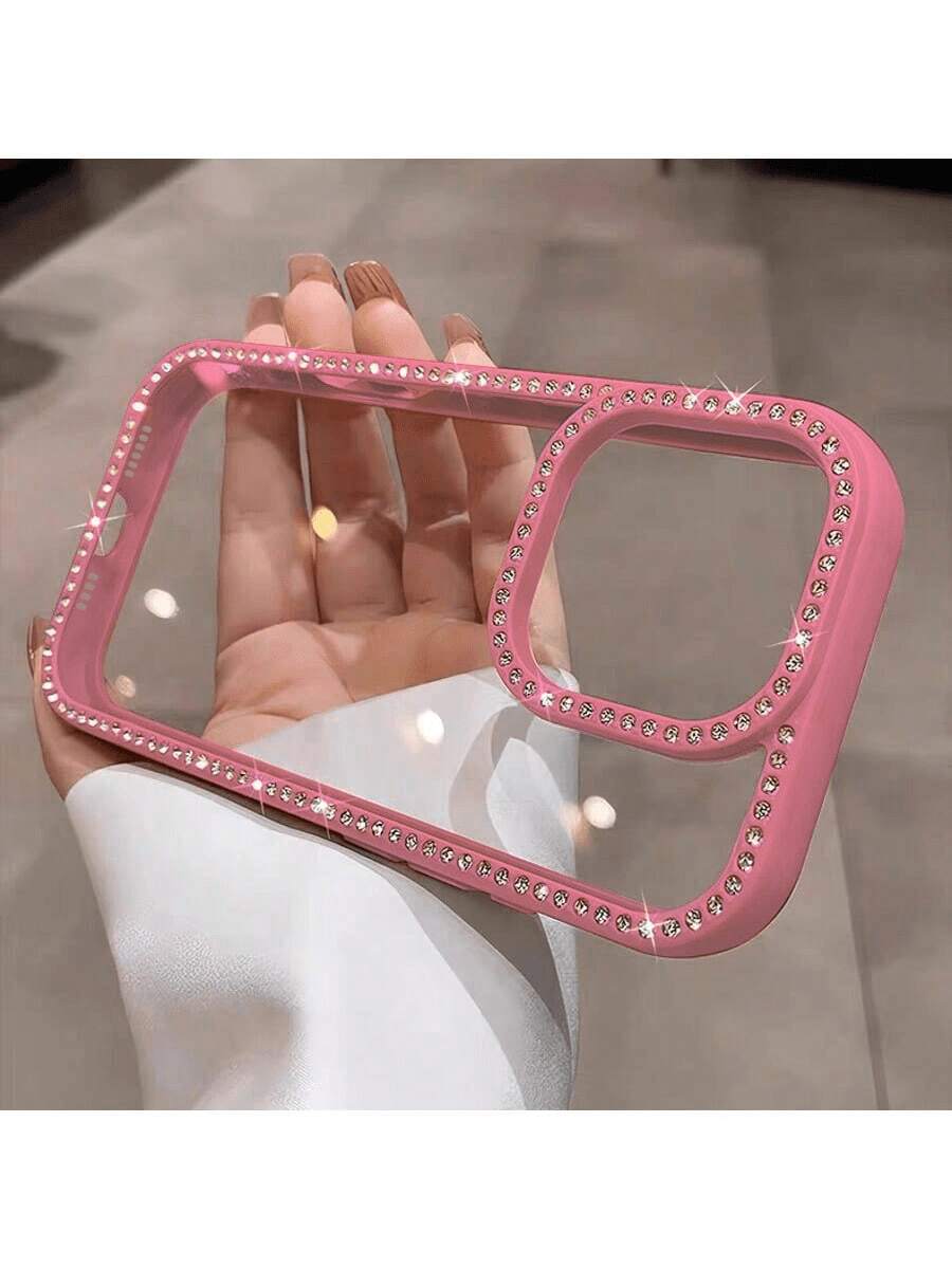 1 funda de teléfono a la moda, no incluye cordón ni soporte. Funda de teléfono transparente de acrílico duro con brillantes y pedrería de lujo, adecuada para 17 16e/15 Pro/14 Plus/13 Pro, protección a prueba de golpes, con resorte anticolisión de regalo. - Rosa Fucsia - Ver 1