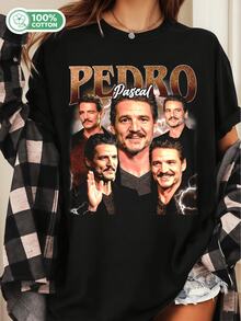 100% Cotton Y2K Loose Short Sleeve Tee Unisex Pedro Pascal Retro Bootleg Style Graphic Cotton T-Shirt, The Last Of Us Mandalorian Star Tee - 黑色 - 查看 1